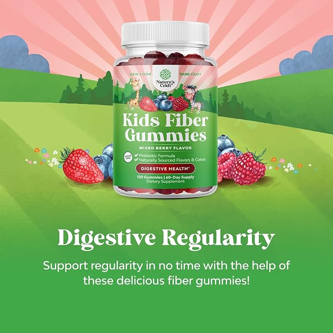 High Prebiotic Fiber Gummies for Kids - Dietary Fiber Supplements for Digestion & Constipation - Chicory Root Kids Immune Gummies - Non-GMO & Vegan Digestive Nutritional Supplements - 120 Count