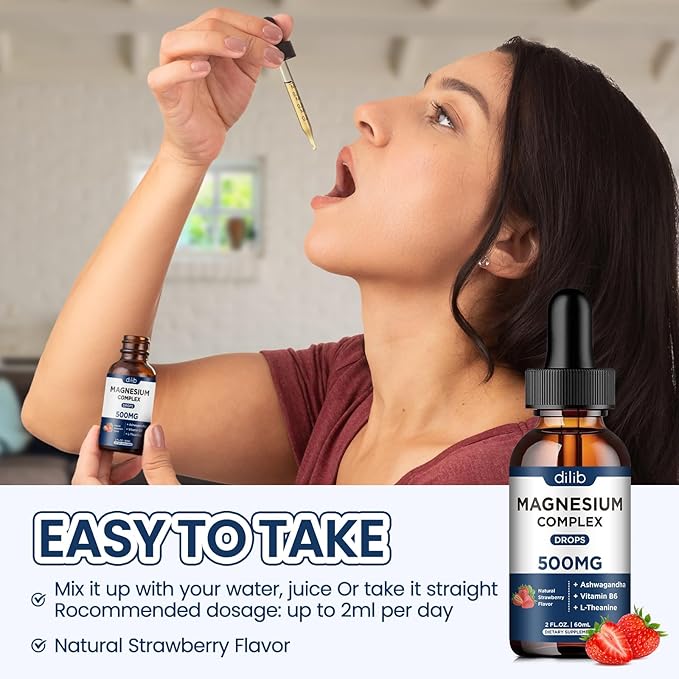 Triple Magnesium Complex Supplement-Magnesium Glycinate, Citrate, Malate Liquid Drops 500mg with Ashwagandha, L-Theanine, Vitamin B6 for Stress Relief, Sleep, Muscle Support-Strawberry Flavor