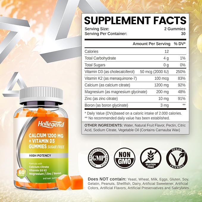 Calcium 1200 mg with Vitamin D3 Gummies, Calcium Citrate Chewables with Magnesium Zinc Vitamin K2 Boron, Bone Health, Sugar Free, 60 Count