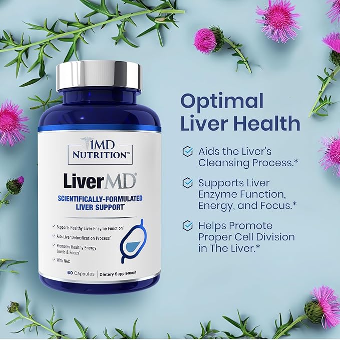 1MD Nutrition LiverMD - Liver Support Supplement | Siliphos Milk Thistle Extract & NAC - Supports Healthy Energy, Immunity & Overall Health - Liver Cleanse & Support | 60 Capsules