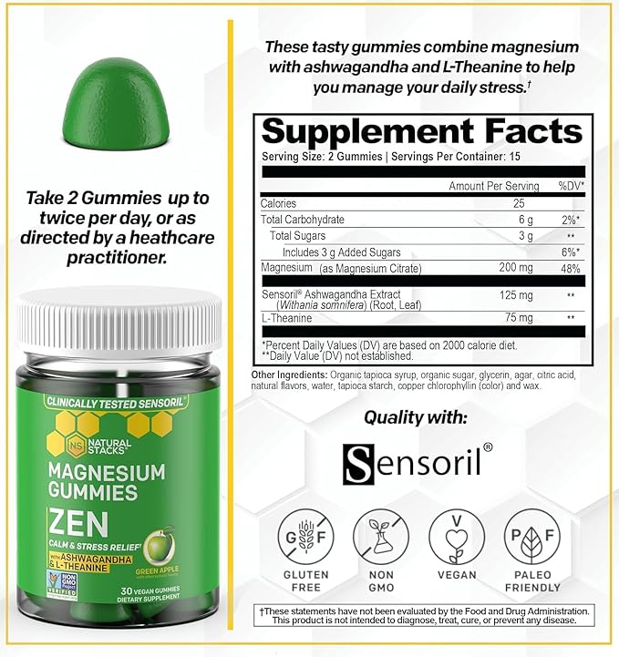 Zen Magnesium Gummies - 200mg Magnesium Citrate & 125mg Sensoril Ashwagandha Gummies - with L Theanine for Calm & Stress Support - Mag Citrate and Ashwagandha Supplement - 30 Green Apple Chewables