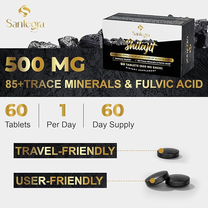30,000 MG Shilajit Tablets, 100% Shilajit Pure Tablets 60 Counts - Shilajit Himalayan Organic Rich in Fulvic Acid & 85+ Trace Minerals, Shilajit Resin Supplement for Energy & Immune System