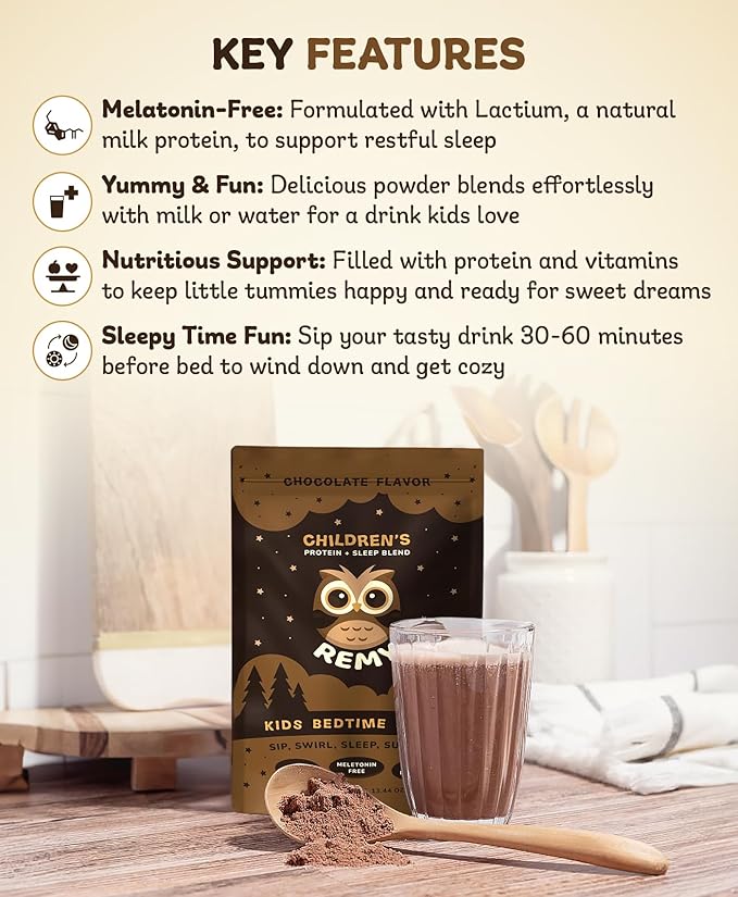 Remy Kids Protein Sleep Aid Supplements, Melatonin-Free Formula, Lactium®, L Theanine, VIT D, B6, Calcium & Herbal Extracts Sleep Aid for Kids, Balanced Nutritional Drink, Non GMO & Preservatives