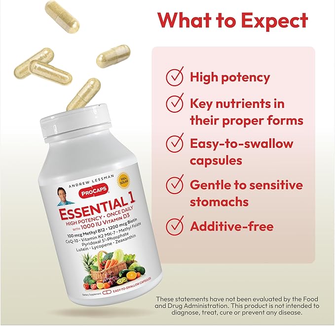 ANDREW LESSMAN Essential-1 Multivitamin 1000 IU Vitamin D3 60 Small Capsules - 100 mcg Methyl B12. CoQ10 Lutein Lycopene Zeaxanthin. High Potency. No Additives. Ultra-Mild. One Daily Capsule