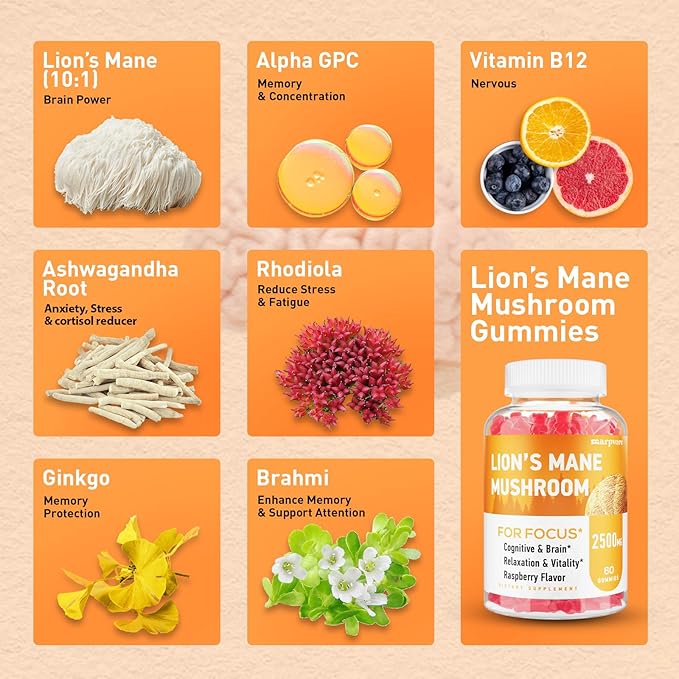 Lions Mane Gummies, Organic Lion's Mane, Lions Mane Gummies for Adults, with Ashwagandha & Alpha GPC, Cortisol Supplements for Women & Men, 60 Counts