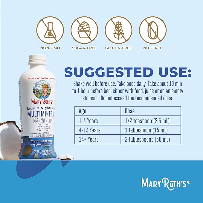 MaryRuth's Liquid Nighttime Multimineral | Sugar Free | Calm Magnesium Citrate | NO Melatonin | Calcium Magnesium Zinc | Muscle Relaxation | Available in 4 Flavors | Vegan | Gluten Free | 32 Servings