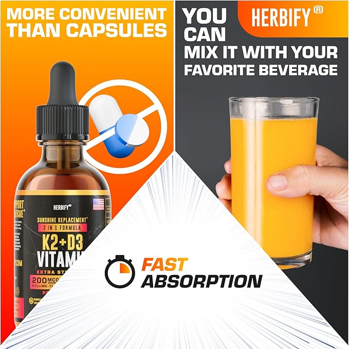 HERBIFY Vitamin D3 K2 Drops – Liquid Vitamins for Women, Men & Teen - Bone Strength Supplements - D3 K2 Mt Vitamins for Immune Support & Heart Health - Vitamin D3 10000 Iu Liquid K2 Drops – 2 oz