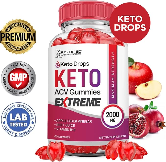 Keto Drops Keto ACV Gummies Extreme 2000MG Keto Drops Keto Gummies Advanced Formula Apple Cider Vinegar with Pomegranate Beet Juice Powder B12 Vegan Non GMO 60 Gummys