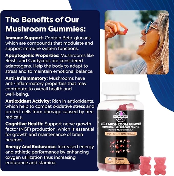 MAXIMIZE HQ Mushroom Gummies - 10 Origanically Grown Mushroom Formula - Time-Release Formula - Gluten Free