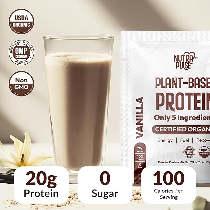 Organic Vegan Protein Powder | 20g Plant-Based Protein, Gluten-Free, Dairy-Free, Non-GMO | Vanilla Flavor | Perfect for Smoothies, Shakes, Muscle Recovery & Meal Replacement | 16 Packets