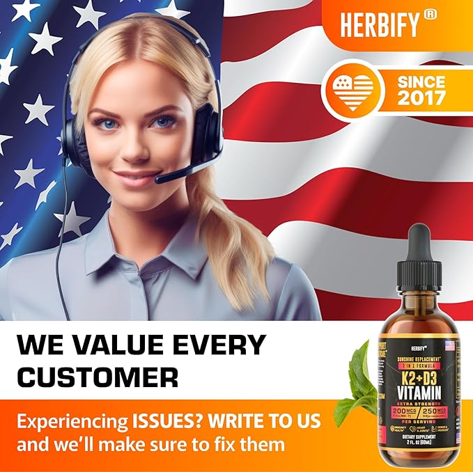 HERBIFY Vitamin D3 K2 Drops – Liquid Vitamins for Women, Men & Teen - Bone Strength Supplements - D3 K2 Mt Vitamins for Immune Support & Heart Health - Vitamin D3 10000 Iu Liquid K2 Drops – 2 oz