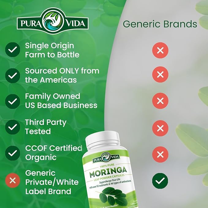 PURA VIDA MORINGA Capsules Single Origin Moringa Powder Organic. Moringa Leaf. Energy, Metabolism, & Immune Support. 120ct. 500mg Caps.