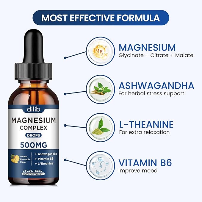 Triple Magnesium Complex Supplement-Magnesium Glycinate, Citrate, Malate Liquid Drops 500mg with Ashwagandha, L-Theanine, Vitamin B6 for Calm, Stress Relief, Sleep, Muscle Support-Pineapple Flavor