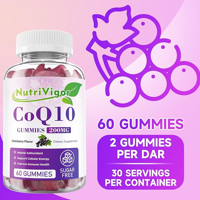 CoQ10 Gummies, Coenzyme Q10 Supplement 200mg, High Absorption CoQ10 Supplement for Cellular Energy and Immune Health, Vegan, Gluten Free, Elderberry Flavor, 60 Count