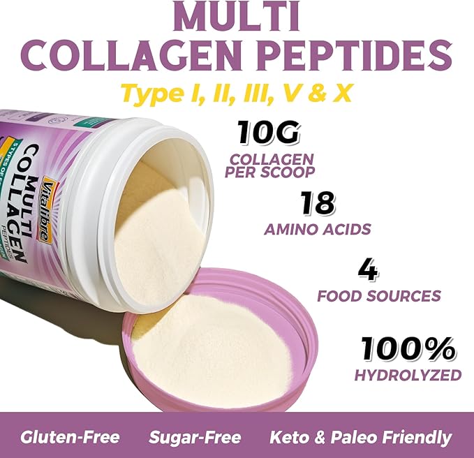 Multi Collagen Peptides Powder Type I II III V X, Hydrolyzed Collagen Protein for Women and Men, Skin, Hair, Nails and Joints, Unflavored, Non-GMO, Keto & GF, Zero Sugar, 45 Servings, 16oz