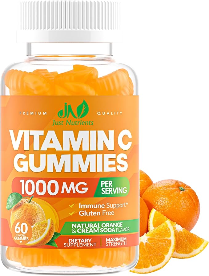 Vitamin C Gummies 1000mg for Adults & Kids – Chewable Multivitamin with Zinc for Immune System & Collagen Support for Skin – Orange Flavor – Gluten Free, Non-GMO, Vegetarian – 60 Gummies