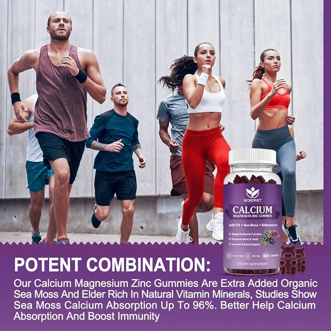 Calcium Magnesium Zinc Gummies with Vitamin D3 - High Absorption Complex Calcium Supplement with Sea Moss, Elderberry for Bone, Muscles, Immune, Mood & Sleep Support, Vegan - 60 Gummies (2 Pack)