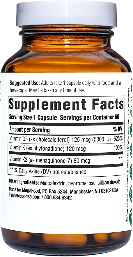 INNATE Response Formulas Vitamin D3 5000 IU (125 mcg) - Supplement That Supports Immune and Bone Health - Blend of Vitamins D3, K1, and K2 - Vegetarian - 60 Capsules (60 Servings)