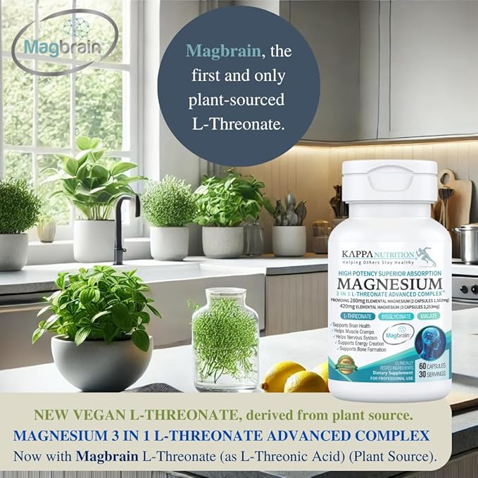 Kappa Nutrition Magbrain™ Magnesium L-Threonate Plant-Based, 420mg Elemental Magnesium (3 Capsules) from 2,253mg, 60 Vegan Capsules, Brain, Sleep & Muscle Support.