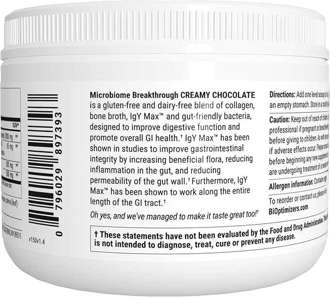 Microbiome Breakthrough Repair Powder - Chocolate Flavor - Has Lactobacillus Strains, Bone Broth & Collagen - Source of L-Glutamine - Gas & Bloating Relief - Improves Gut Health - 30 Servings - 150g