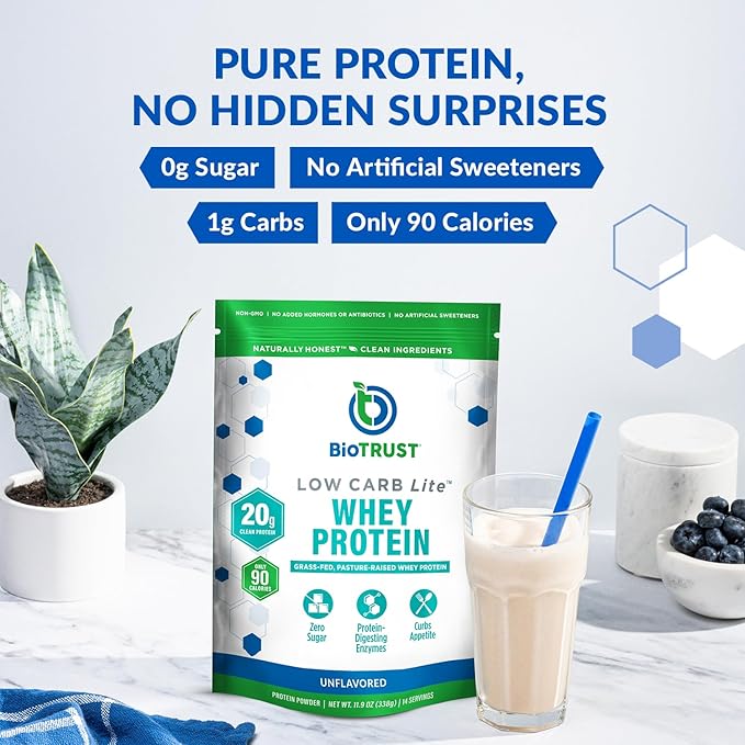 BioTrust Low Carb Lite, Low Calorie Protein Powder – Low Carb, Sugar Free, Low Sodium, Keto Protein Powder – 20g Grass-Fed Whey Protein Isolate with Digestive Enzymes – Unflavored, 14 Servings