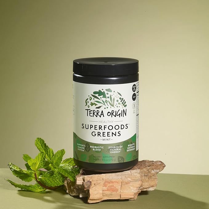TERRA ORIGIN Superfoods Greens for Immune Defense and Digestive Support | with Spirulina, Probiotics, Organic Vegetables, Digestive Enzymes | Non-GMO | 30 Servings | Mint Flavor