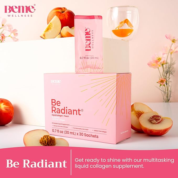 BeMe Liquid Collagen for Women – 2,500mg Marine Collagen Drink, Hydrolyzed Peptides, Biotin, CoQ10, Vitamin C and E Shots, Hair, Nail, & Skin Health Supplement – Be Radiant Peach Flavor – 15 Packets