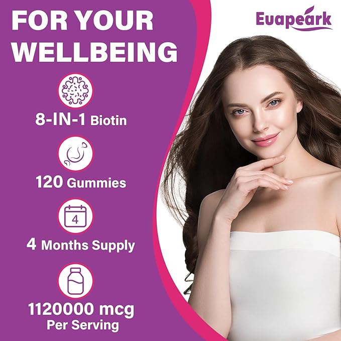 Biotin Gummies for Women and Men, 8 in 1 Organic Formula, Max Strength Biotin and Collagen Gummies with Keratin, Folic Acid & Vitamins, for Hair Growth, Skin and Nails Supplement, Sugar Free,120 Count