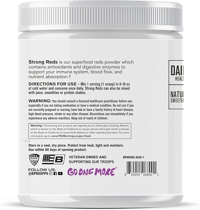 BARE PERFORMANCE NUTRITION, BPN Strong Reds Superfood Powder, Digestive Enzymes, Antioxidants, Improved Natural Energy, 30 Servings, Acai