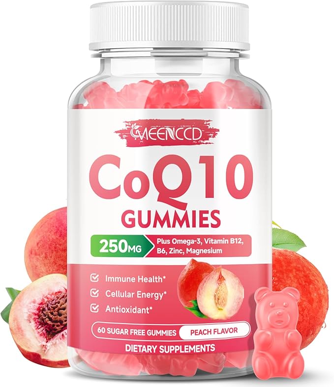 CoQ10 Gummies 250mg, Coenzyme Q10 Supplements Plus Omega-3, Vitamin B6 & Zinc, High Absorption CoQ10 Supplement for Cellular Energy & Antioxidant Support, Vegan, Peach Flavor, 60 Count