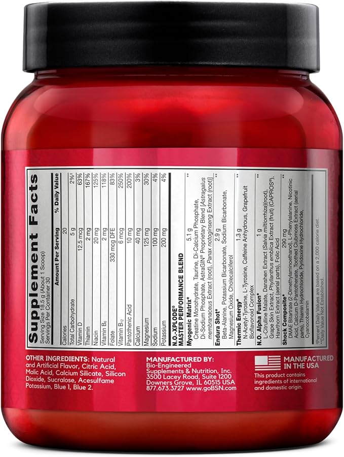 BSN N.O.-XPLODE Pre Workout Powder, Energy Supplement for Men and Women with Creatine and Beta-Alanine, Flavor: Blue Raz, 30 Servings