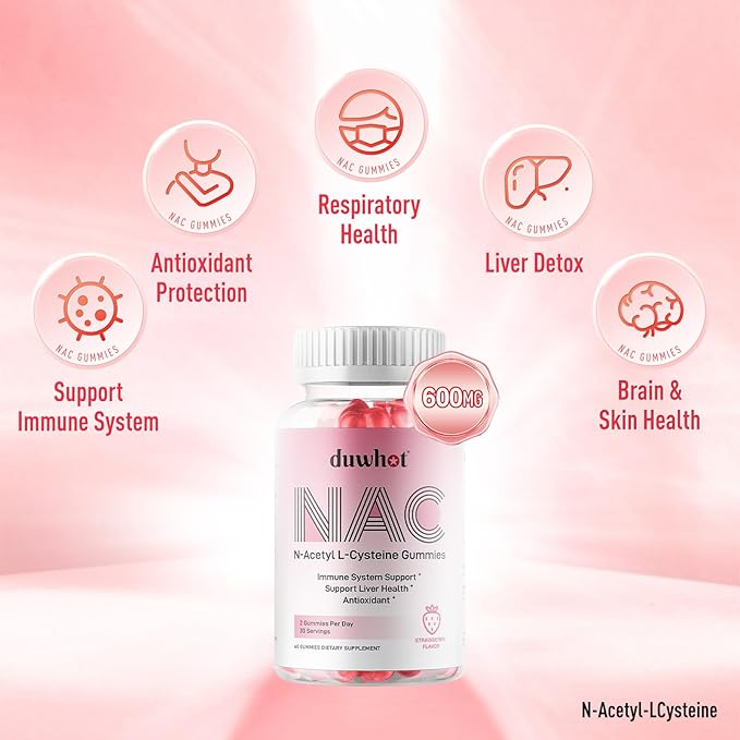 NAC Gummies 600mg, N Acetyl Cysteine Supplement NAC Chewable for Antioxidants & Immune Support, Lung & Liver Health, Natural Strawberry Flavor, 120ct