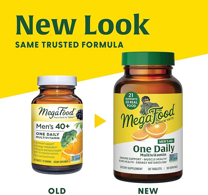MegaFood Men's 40+ One Daily Multivitamin for Men with Vitamin B, Vitamin D3, Selenium, Zinc & Real Food - Immune Support, Energy Metabolism, and Muscle & Bone Health – Non GMO; Vegetarian - 30 Tabs