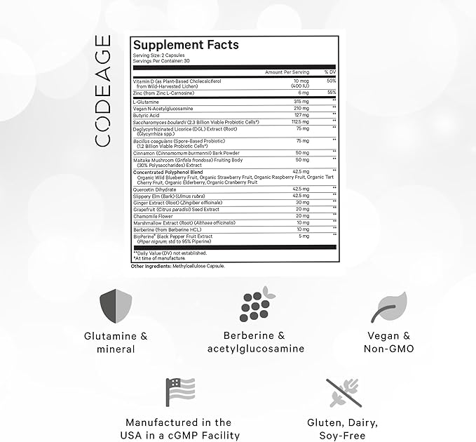 Codeage Leaky Gut Supplement, L-Glutamine, N-Acetylglucosamine, Probiotic, Butyric Acid, Polyphenols, Quercetin, DGL, Marshmallow Root, Berberine, BioPerine, Cinnamon, Vegan, Non-GMO, 60 Capsules