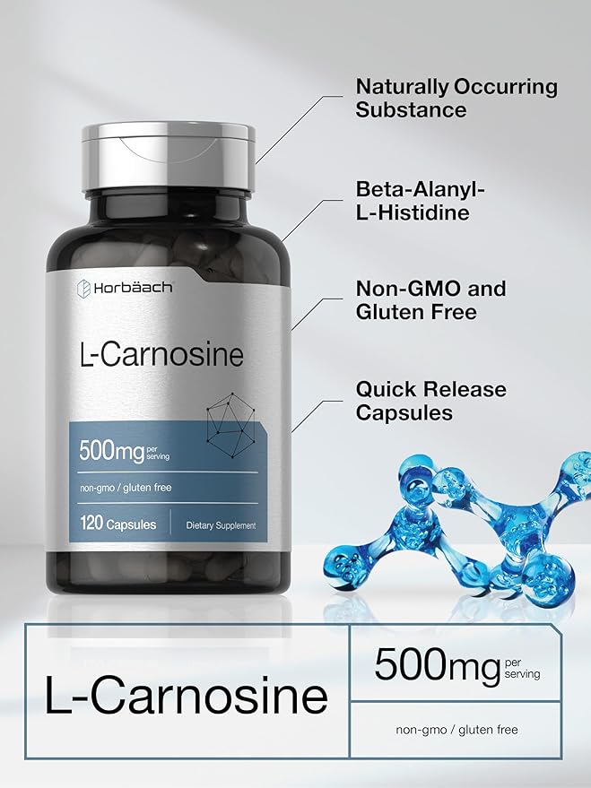 Horbäach L-Carnosine 500mg | 120 Capsule Supplement | Non-GMO & Gluten Free Powder Pills