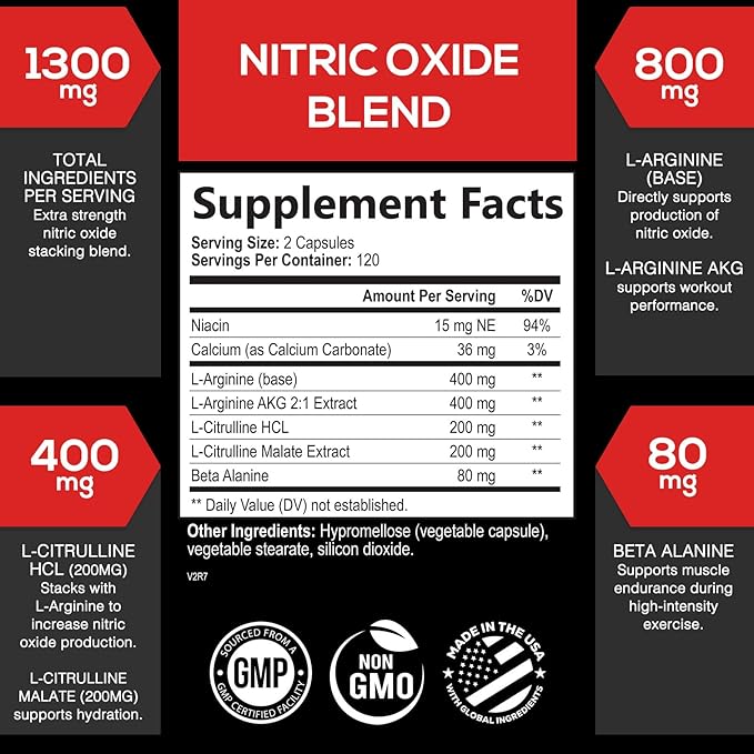 Extra Strength Nitric Oxide Supplement 3X Strength L Arginine, Citrulline Malate, AAKG, Beta Alanine - Premium Muscle Supporting Nitric Booster - Natural Energy & Heart Health Support - 240 Capsules