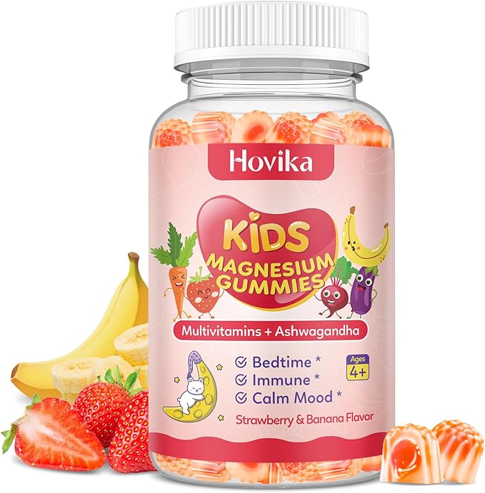 Kids Magnesium Gummies - Magnesium Glycinate & L-Threonate Supplement with L-Theanine, Chamomile & Multivitamins for Sleep, Calm & Focus - Strawberry Banana Center-Filled Gummies 60 ct