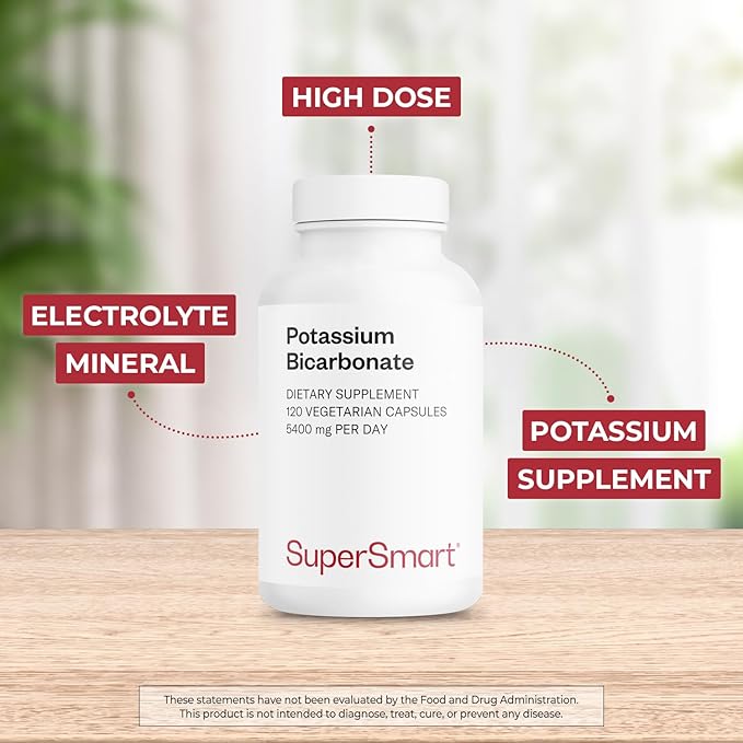 Supersmart - Potassium Bicarbonate 5400mg per Day (High Dose) - Electrolyte Mineral - Acid-Base Balance pH - Heart, Muscle & Nerve Health | Non-GMO & Gluten Free - 120 Vegetarian Capsules