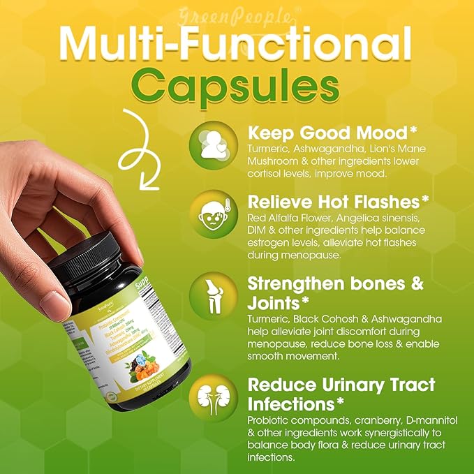 Menopause Supplements for Women - Black Cohosh & Ashwagandha for Hot Flashes, Night Sweats, Mood Swings, Hormonal Balance Support,10 Billion CFU Probiotic - 90 Capsules Vegan Gluten-Free