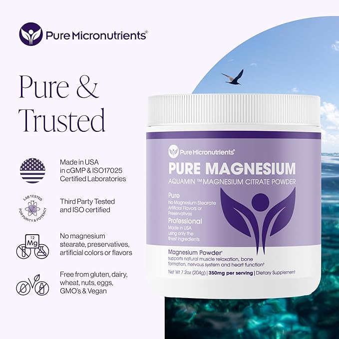 Pure Magnesium Citrate Powder to Support Sleep, Muscle & Bone Health, Energy, Heart & Digestion. Unflavored Magnesium Powder Drink Mix, Vegan, 60 Servings