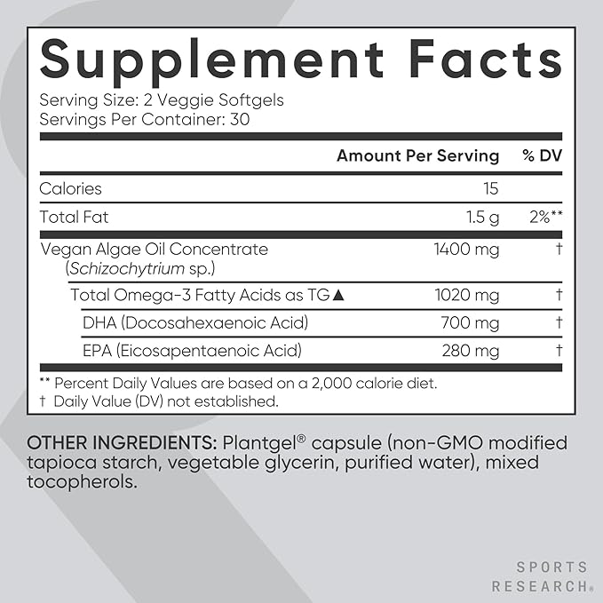 Sports Research Vegan Omega-3 Fish Oil Alternative from Algae Oil - Highest Levels of DHA & EPA Fatty Acids | Non-GMO Verified & Vegan Certified - Fresh Lemon Scent - 60 Veggie Softgels