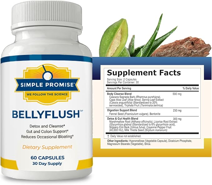 Simple Promise - BellyFlush - Detox and Colon Cleanse Support - Promotes Digestive Health, 60 Capsules