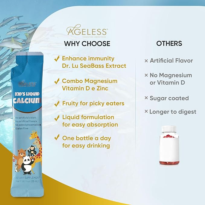 Ageless Liquid Calcium for Kids with Sea Bass Extract, Vitamin D, Zinc, and Magnesium - High Absorption Bone Strength Supplements, Natural Flavor, Gluten-Free - 25 ml (15 Count)