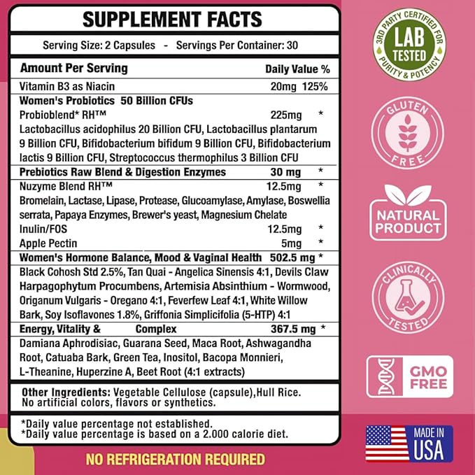 Lovely Menopause Supplement + Hormone Balance + Weight Management, Hot Flashes, Mood Swings, Vaginal Health & Dryness | Black Cohosh, Dong Quai, Ashwagandha + Probiotics, Woman Supplement, 60 ct