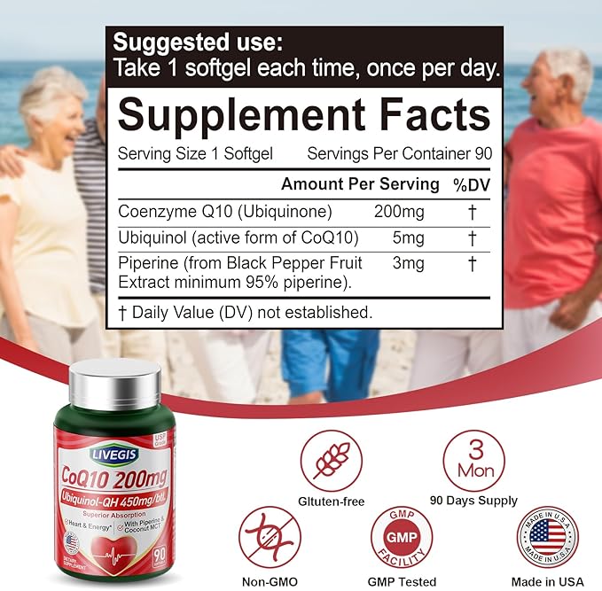 CoQ10 200mg Softgels, Ultra CoQ10 Ubiquinone 200mgWith Coconut MCT Oil, 5X Superior Absorption, Coenzyme Q10 Supplement for Heart Health & Energy - 90 Counts