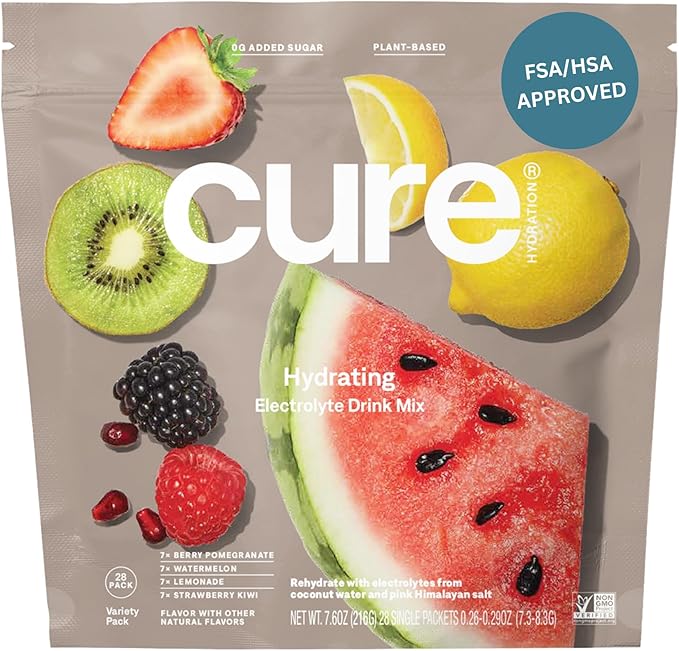 Cure Hydration | Plant-Based Electrolyte Drink Mix | No Added Sugar | FSA & HSA | Dehydration Relief Powder Made with Coconut Water | Non-GMO | Vegan | 28 Packets - Variety Pack