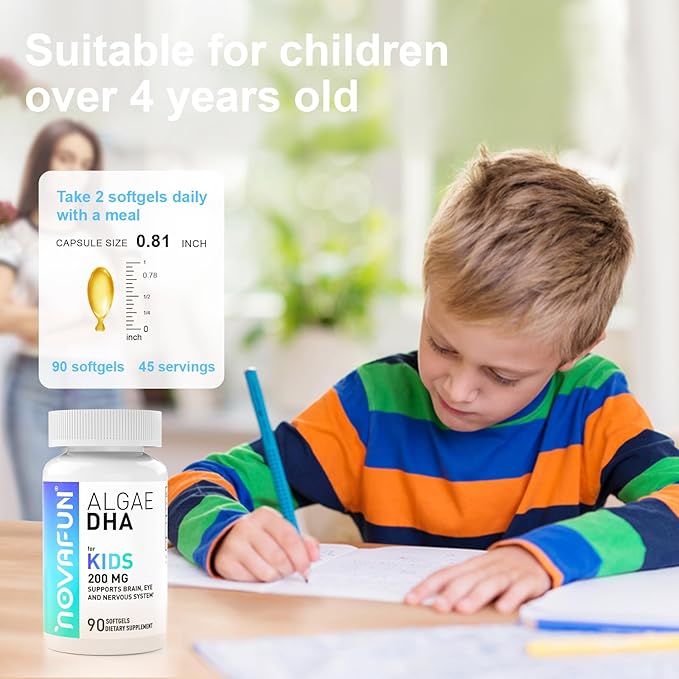 Algal Sourced Omega-3 & DHA Softgels for Kids, Brain, Eye and Heart Health, Cognitive & Immune Function, Learning, Social Development - Non-GMO - 200 mg - 45 Day Supply - 90 ct
