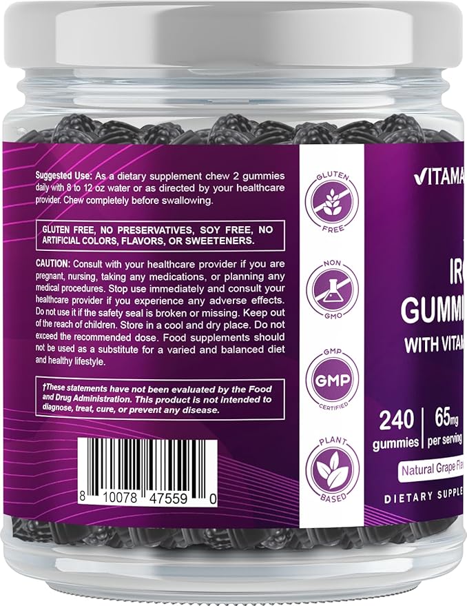Vitamatic Iron 65 mg Gummies Supplement for Women & Men - 240 Vegan Gummies - Great Tasting Iron Gummy Vitamins with Vitamin C