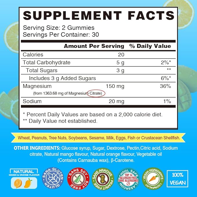 Vegan Magnesium Gummies Supplements - 1363.68 mg Calm Magnesium Citrate Gummies Chews for Adults and Kids, Supports Better Sleep, Relaxation, High Absorption Mg (Mango, 60 Count (Pack of 2))