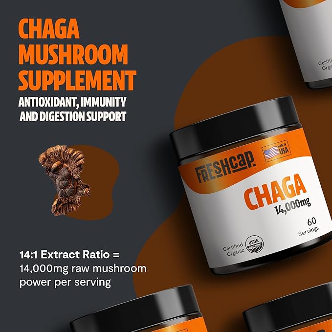 FreshCap Chaga Mushrooms Powder 14,000mg - Chaga Mushroom Extract for Immune and Antioxidants Support, Ayurveda Nootropic Supplement (60 Servings)